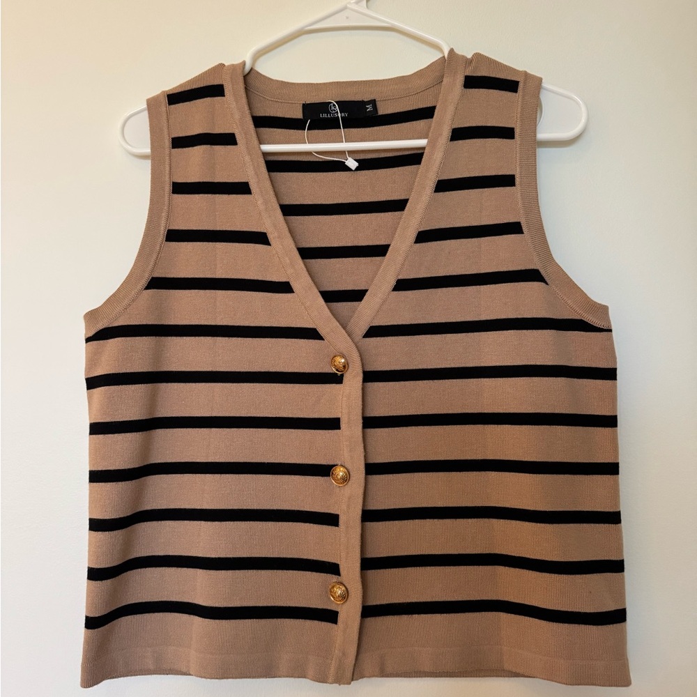 Tan and Black Striped Vest Sleeveless Blouse